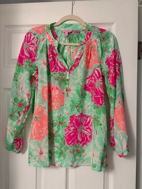 Lilly Pulitzer Floral Henley Blouse in Mint, Hot Pink & Coral